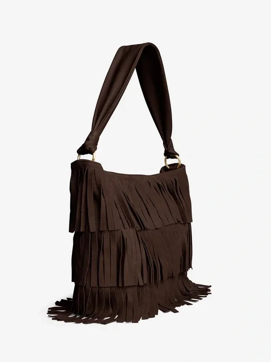 NEW Fringed Suede Shoulder Bag - Dark Brown KENNETH COLE - Picture 3 of 5